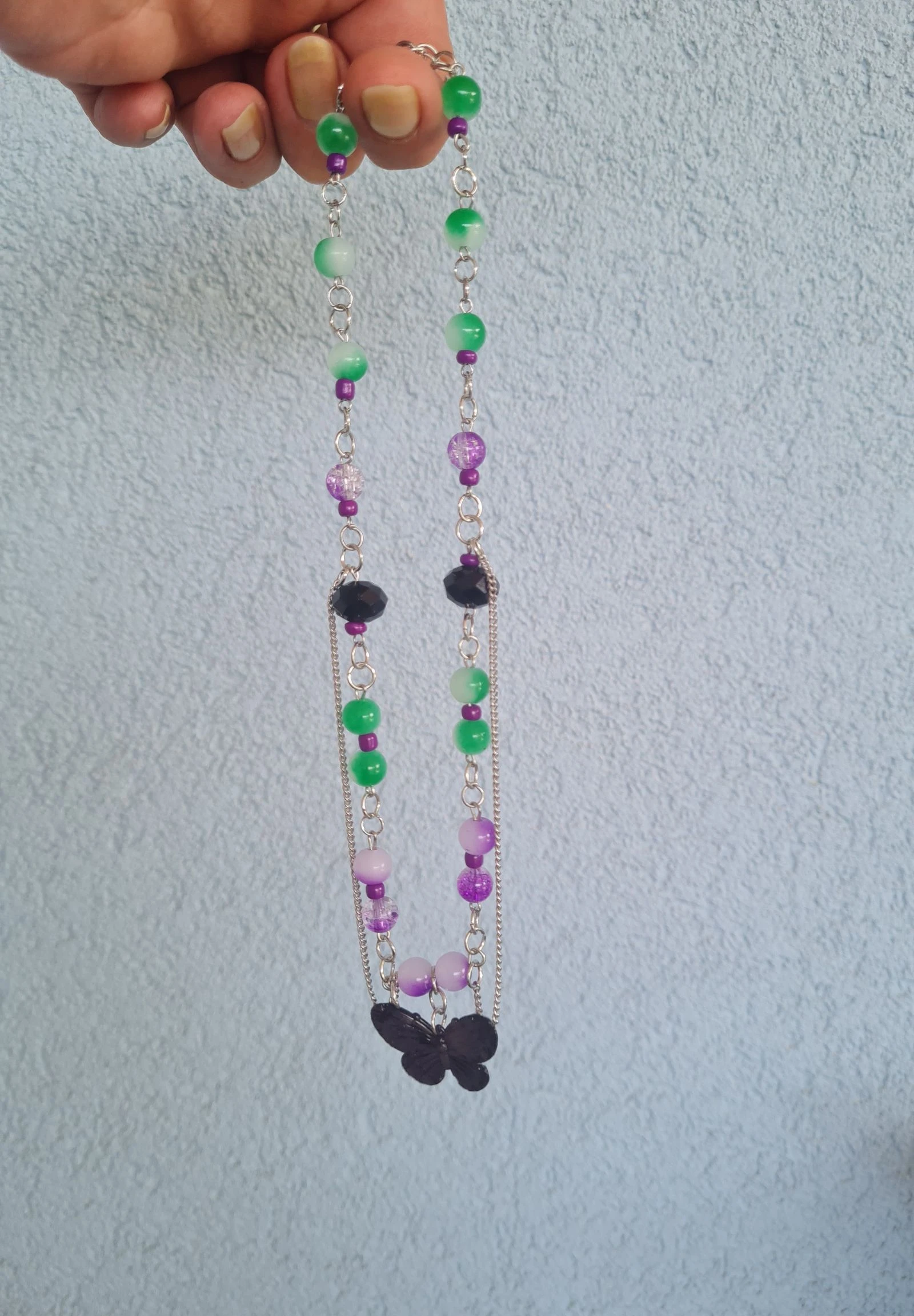 Zilveren ketting met paarse en groene parels 🌺 vlinderhanger – photo 3